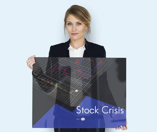 Business vrouw houdt glas poster — Stockfoto