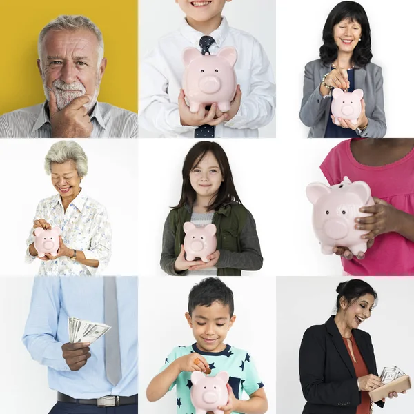 Menschen sparen Geld in Sparschwein — Stockfoto