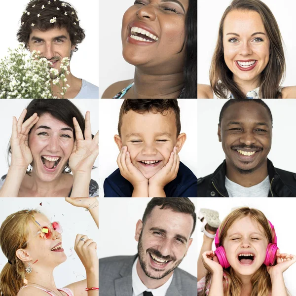 Persone felici e sorridenti con espressioni facciali — Foto Stock