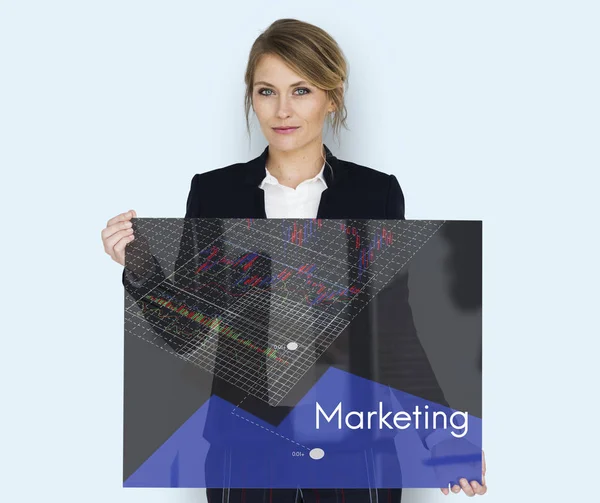 Business vrouw houdt glas poster — Stockfoto