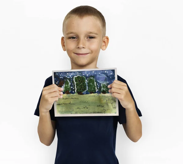 Boy holding placard — Stock Photo, Image