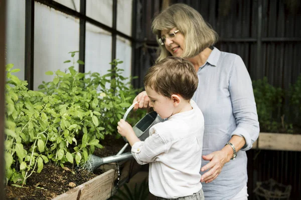 Nenek dan cucu menyiram tanaman — Stok Foto