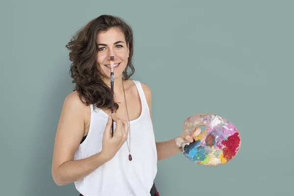 Mujer con paleta de pintura —  Fotos de Stock