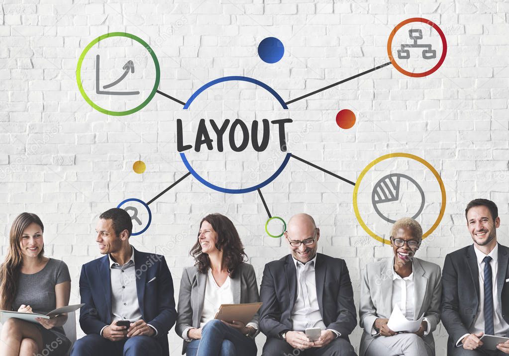 Business people in row brainstorming, white collar workers concept, text: Layout