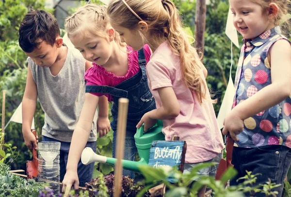 Niños aprendiendo jardinería al aire libre — Foto de Stock