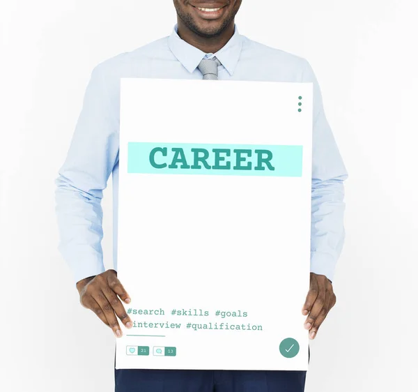 Homem africano segurando banner gráfico — Fotografia de Stock