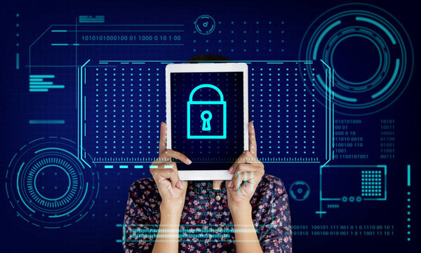 woman holding digital tablet covering face