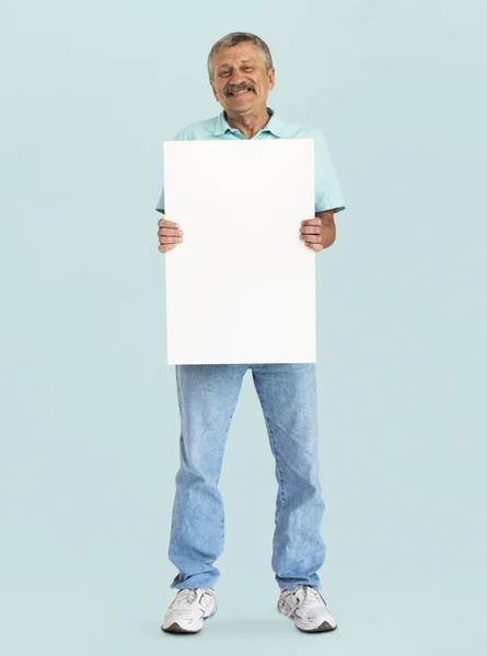 Man with mustache holding white placard — Stock Photo, Image