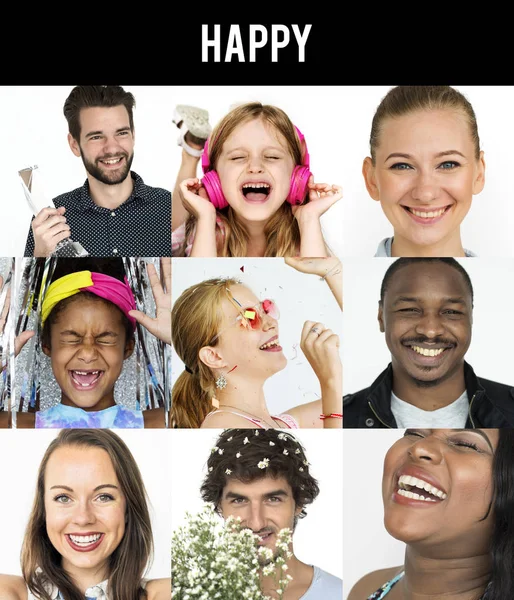 Personas felices y sonrientes con expresiones faciales — Foto de Stock