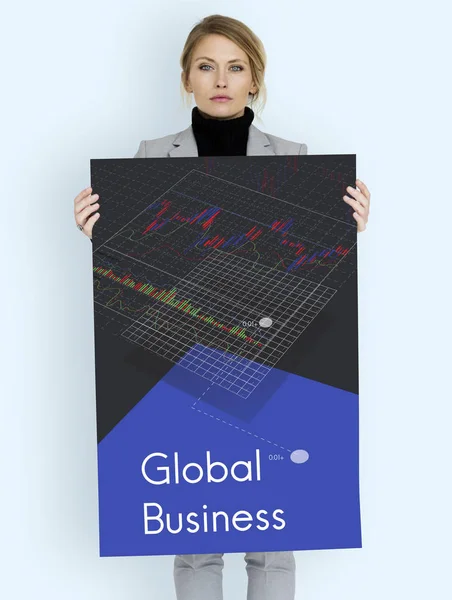 Mulher de negócios mantém cartaz — Fotografia de Stock