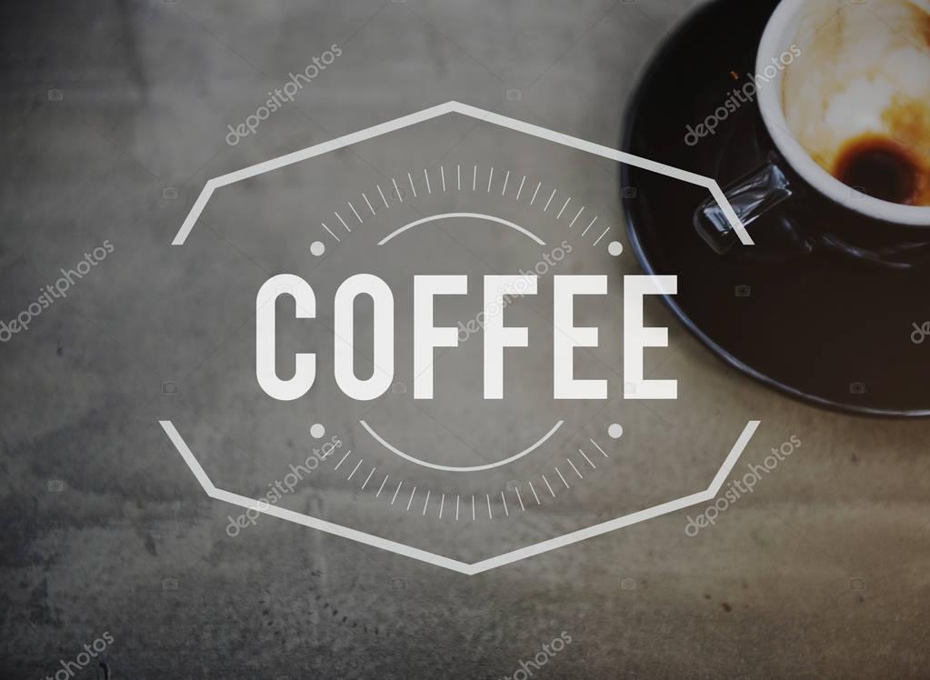 Dirty coffee cup on table, espresso concept, text: Coffee