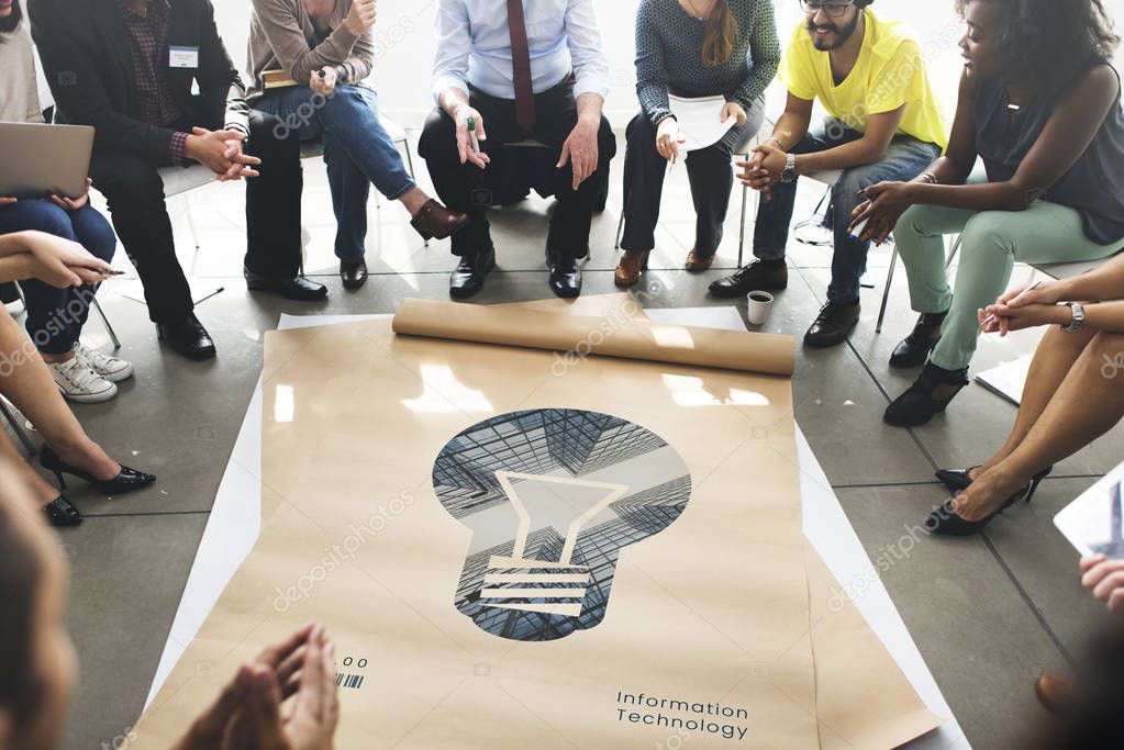 Group of diversity people sitting in circle over poster with idea Concept
