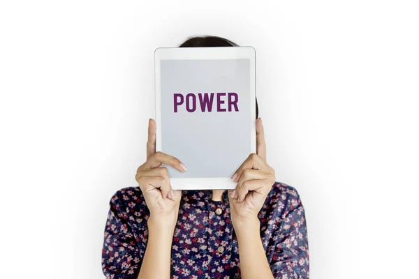 Woman holding digital tablet covering face — Stock Photo, Image