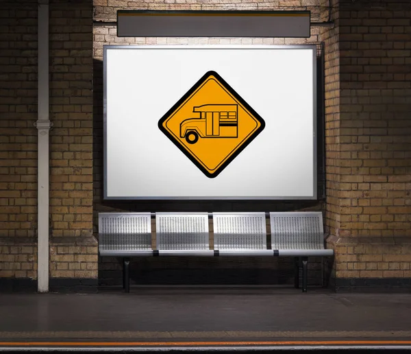 Bus stop with seats and advertising board — Stock Photo, Image