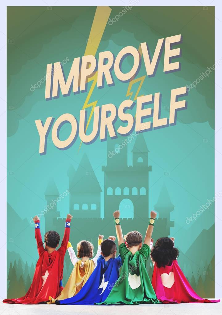 Back view group of children in costumes superheroes sitting with hands up, Concept Improve Yourself