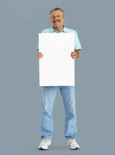 Man with mustache holding white placard — Stock Photo, Image