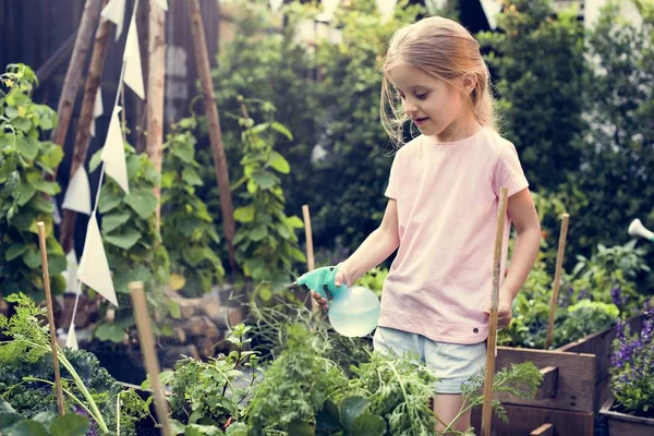 Chica riego productos agrícolas — Foto de Stock