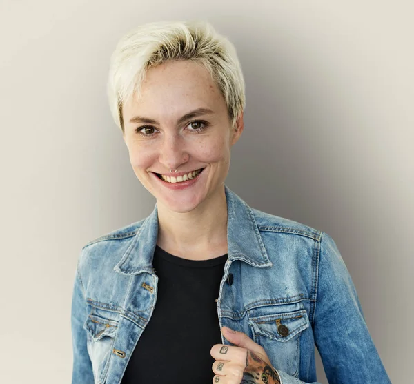 Blonde Woman in jeans jacket — Stock Photo, Image