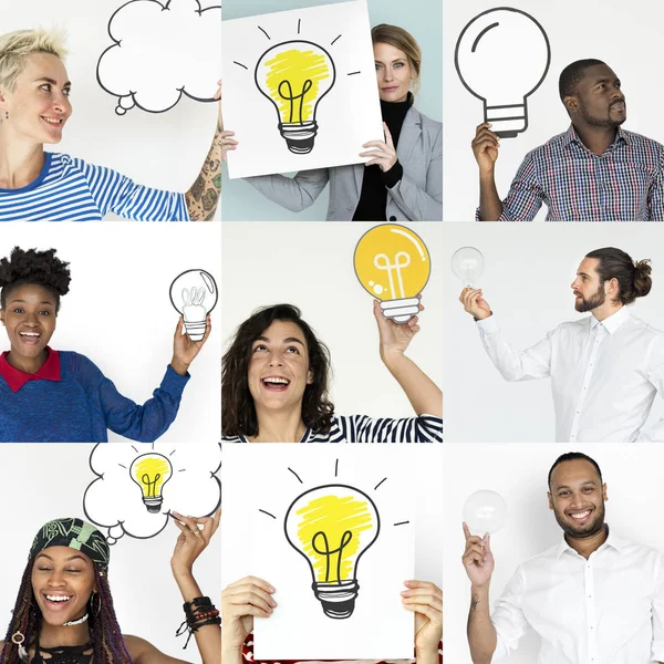 Diversity people with light bulbs — Stock Photo, Image