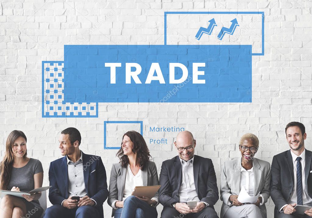 Business people in row brainstorming, white collar workers concept, text: Trade
