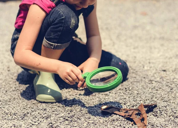 Kind is het gebruik van Vergrootglas — Stockfoto