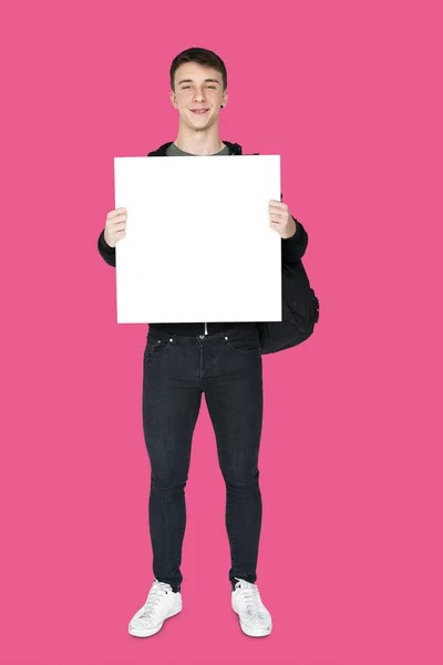 Homem segurando banner em branco — Fotografia de Stock