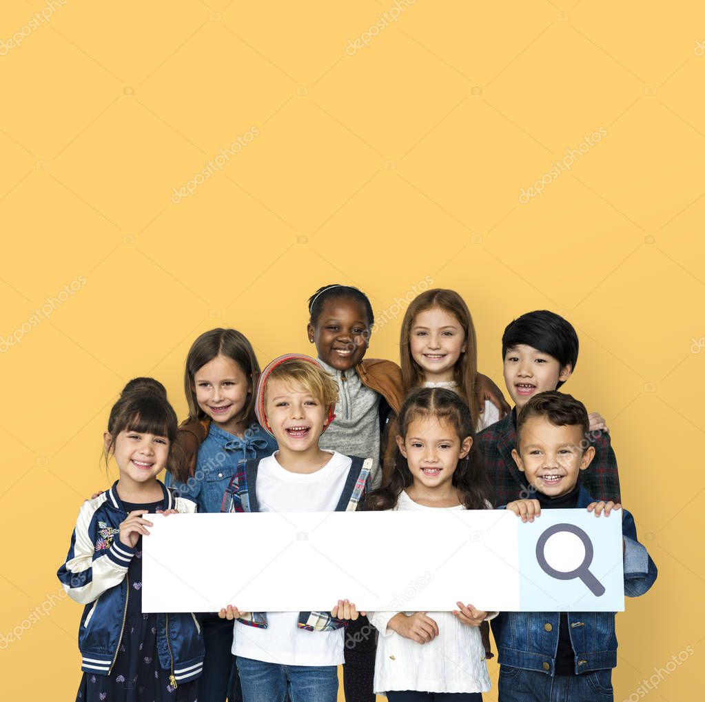 children holding search bar frame