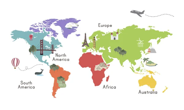 Wereld continenten op kaart — Stockvector