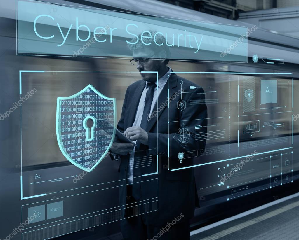 Caucasian businessman using digital tablet in the subway, Cyber Security Concept