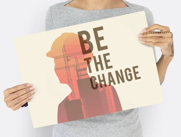 Woman holding paper placard — Stock Photo, Image