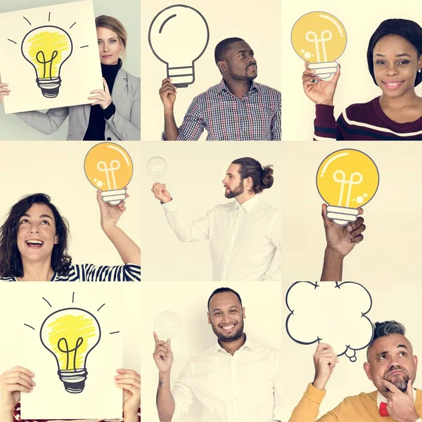 Diversity people with light bulbs — Stock Photo, Image