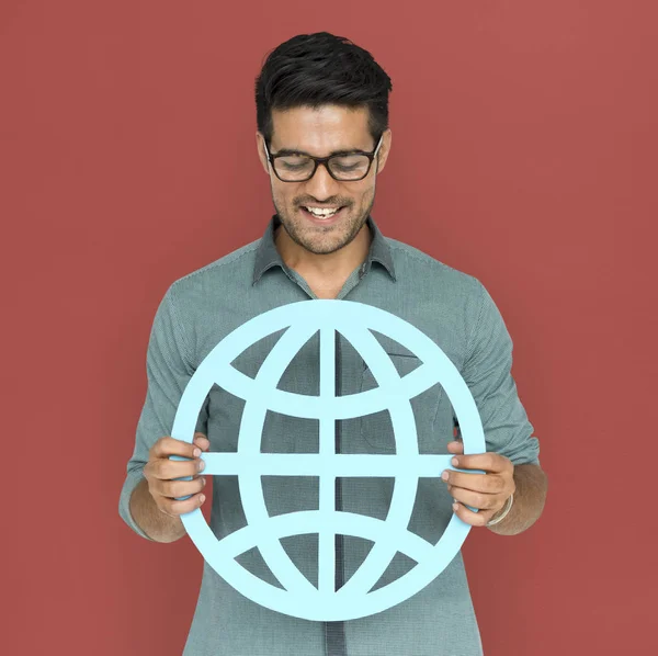 Hombre sosteniendo signo de comunidad global —  Fotos de Stock