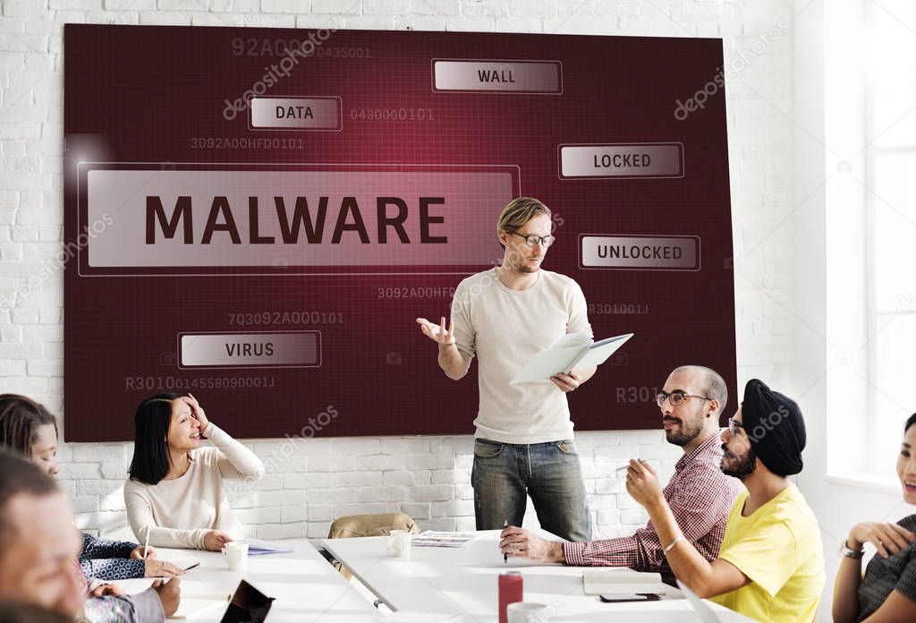 Business people at meeting in conference room with Malware concept