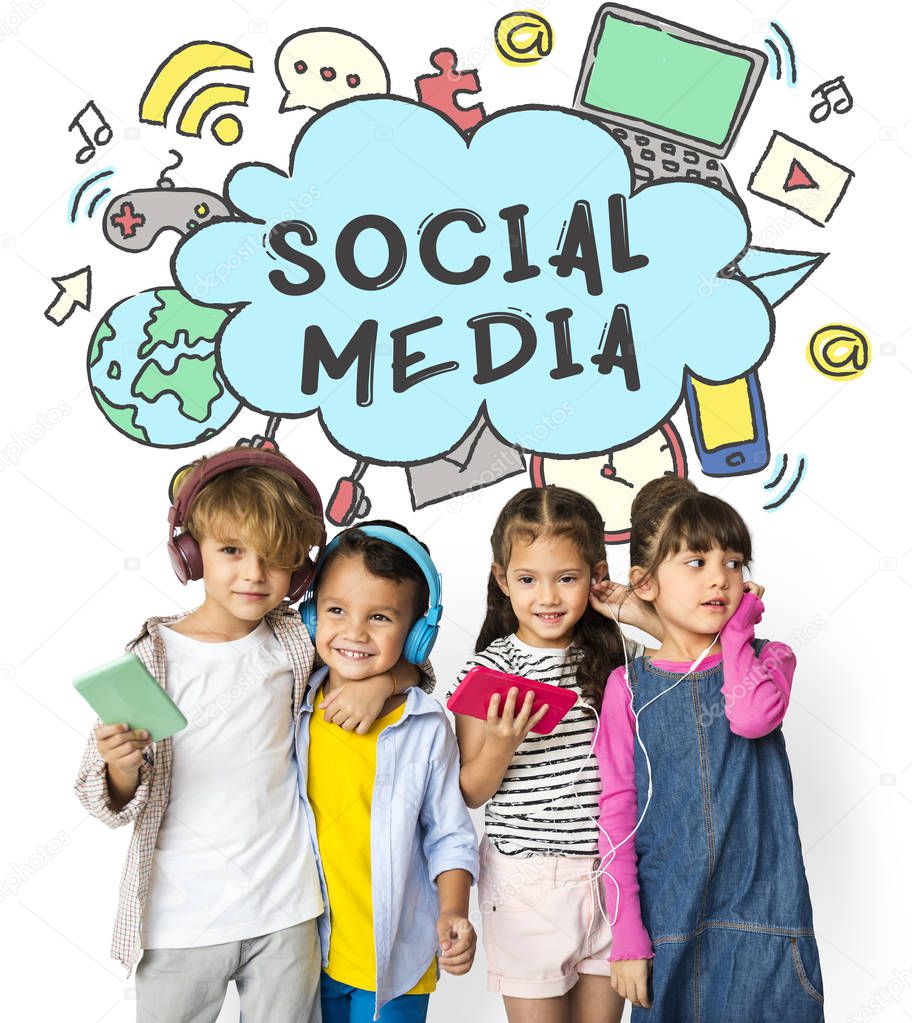Multiracial children listening music in headphones, title: Social Media