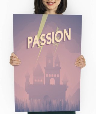 genç bir kadın tutarak afiş.