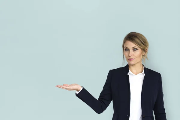 Businesswoman pointing with hand — Stock Photo, Image