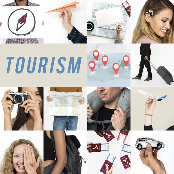 Collage with diversity people and travel — Stock Photo, Image