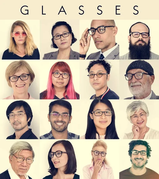 Sada rozmanitost lidí nosí brýle — Stock fotografie