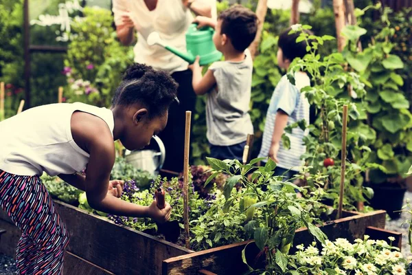 Děti pracují v zahradě — Stock fotografie