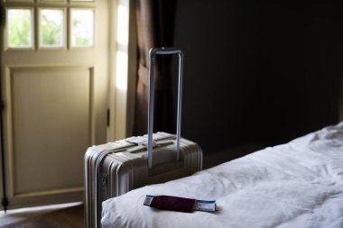 Bagaj pasaport uçak bilet Fligt seyahat, özgün photoset