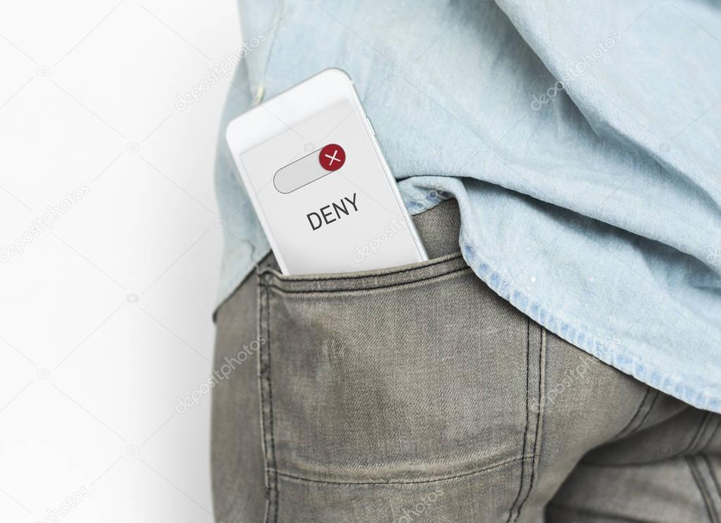 person with smartphone in pocket