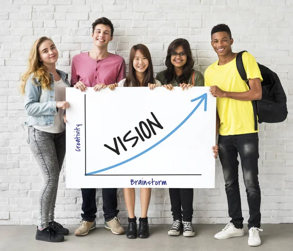 Happy multicutural students with banner — Stock Photo, Image