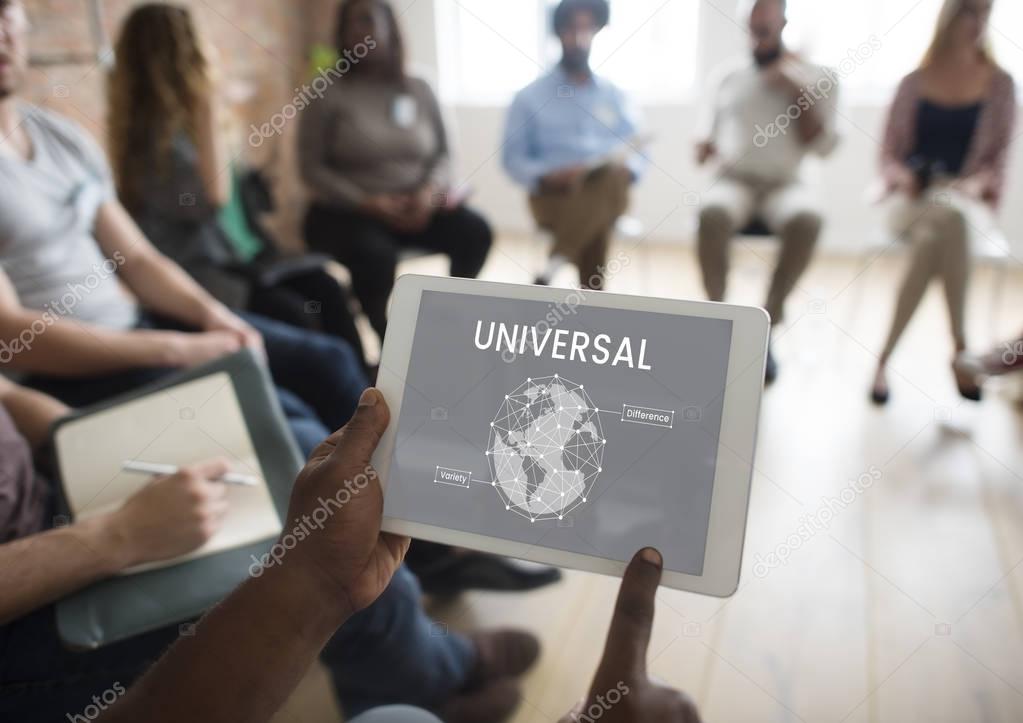 Person using digital tablet at meeting, touch screen with title: Universal