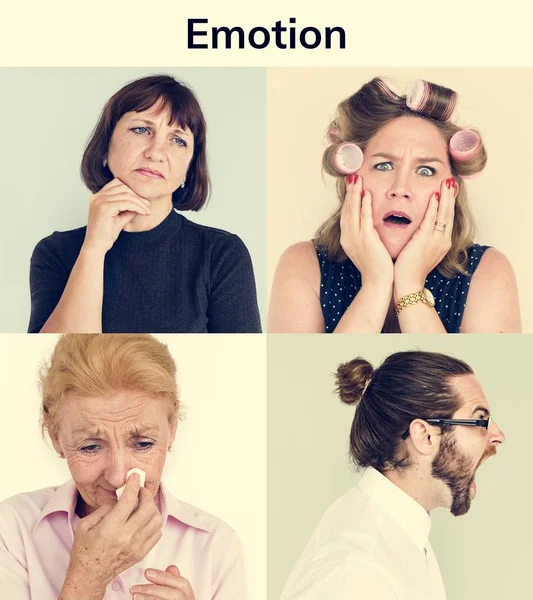 Uppsättning av mångfald människor med uttryck känslor — Stockfoto