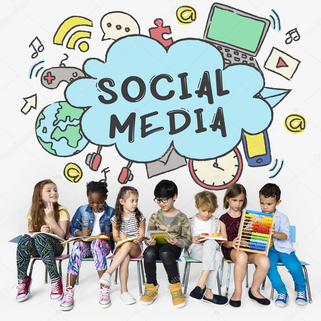 School children studying together with books, learning and doing home task, education concept, title: Social Media