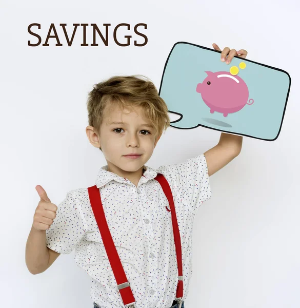 Boy holding overhead speech bubble — Stock Photo, Image