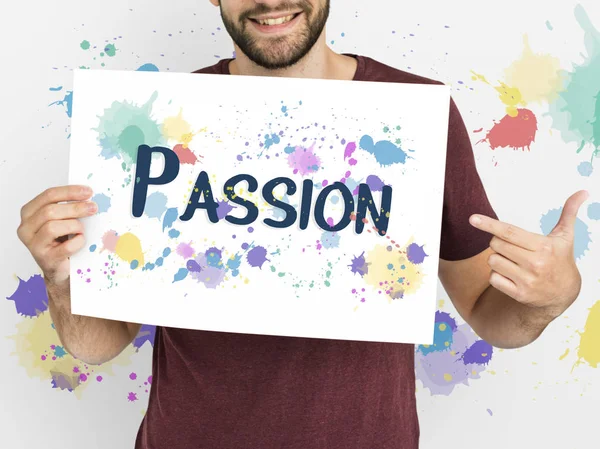 Homem com barba segura cartaz — Fotografia de Stock