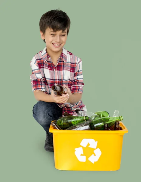 Boy with box of glass bottles — Stock Photo, Image