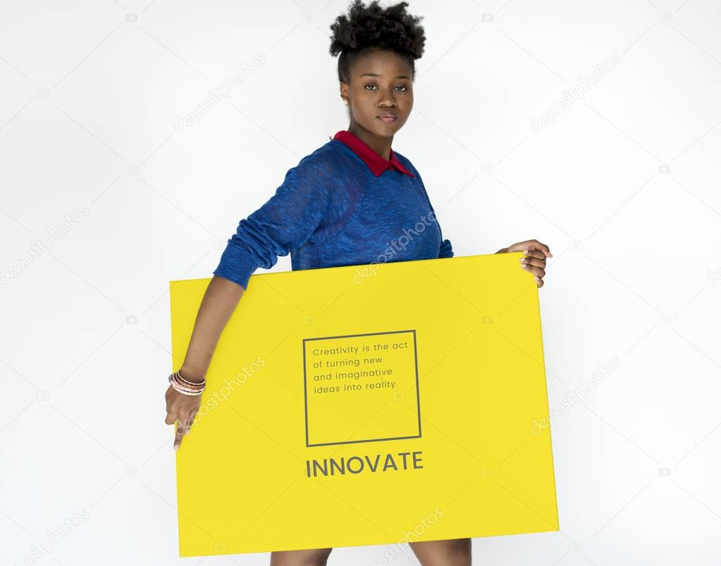 African american woman holding banner in hands isolated on white, Innovate concept