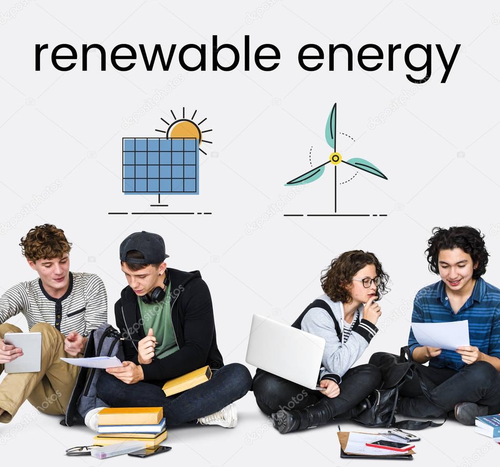 Portrait of students learning together and talking in the studio, Renewable Energy Concept